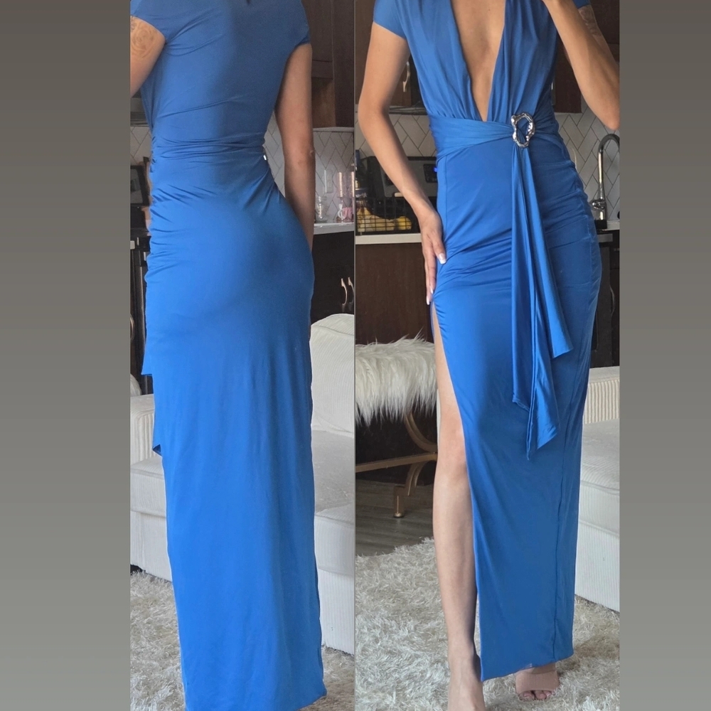 Oh Polly Royal Blue Plunge Maxi Dress with Side Slit